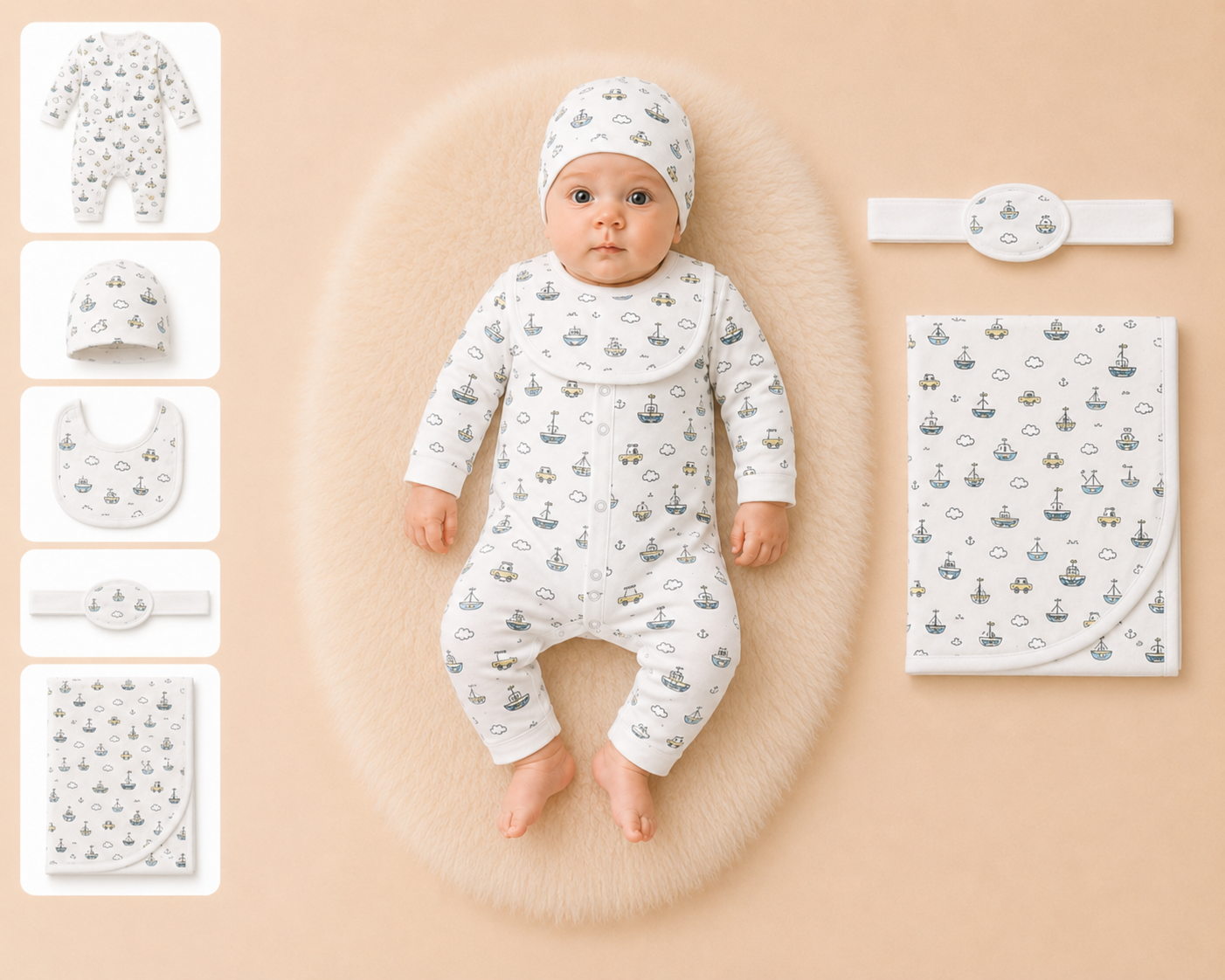 Zaki -Baby 5 PCS Set – Overall, Cap, Bib, Blanket & Navel Belt(0-3M)