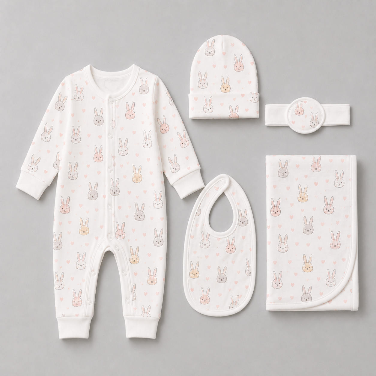 Zaki -Baby 5 PCS Set – Overall, Cap, Bib, Blanket & Navel Belt(0-3M)