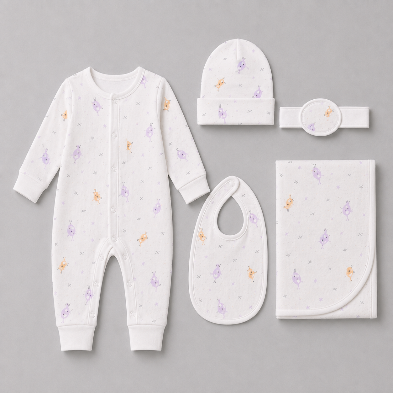 Zaki -Baby 5 PCS Set – Overall, Cap, Bib, Blanket & Navel Belt(0-3M)