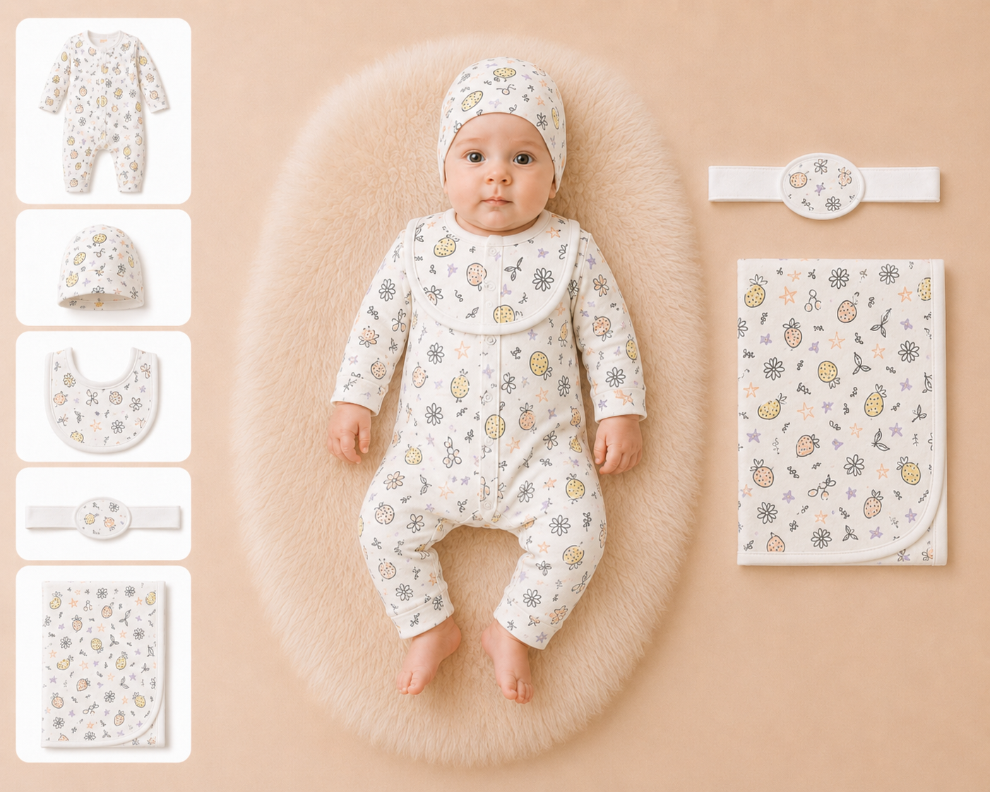 Zaki -Baby 5 PCS Set – Overall, Cap, Bib, Blanket & Navel Belt(0-3M)