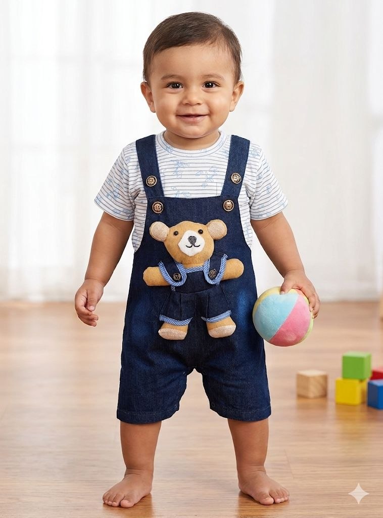 ZAKI-BOYS HALF SLEEVES DUNAGREE SET WITH FLUFFY TOY 0-18M