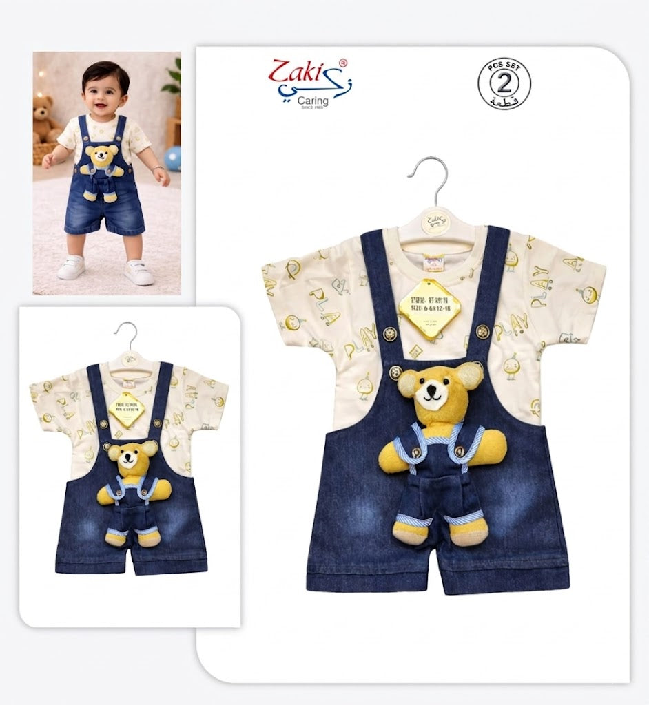 ZAKI-BOYS HALF SLEEVES DUNAGREE SET WITH FLUFFY TOY 0-18M