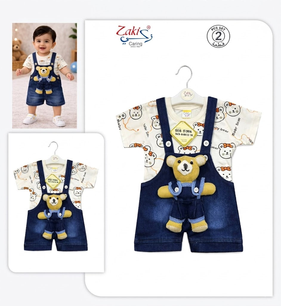 ZAKI-GIRLS HALF SLEEVES DUNAGREE SET WITH FLUFFY TOY 0-18M