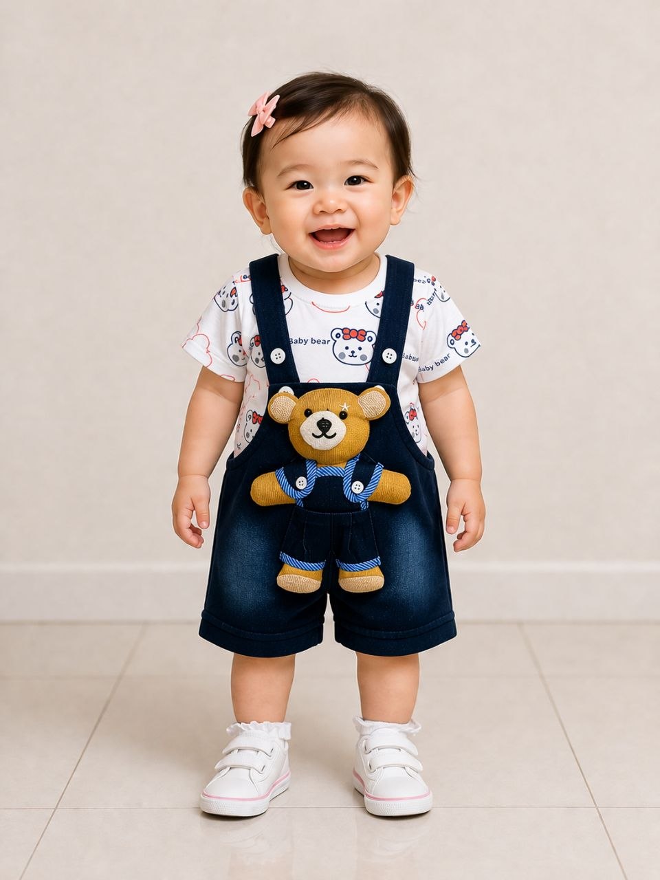 ZAKI-GIRLS HALF SLEEVES DUNAGREE SET WITH FLUFFY TOY 0-18M