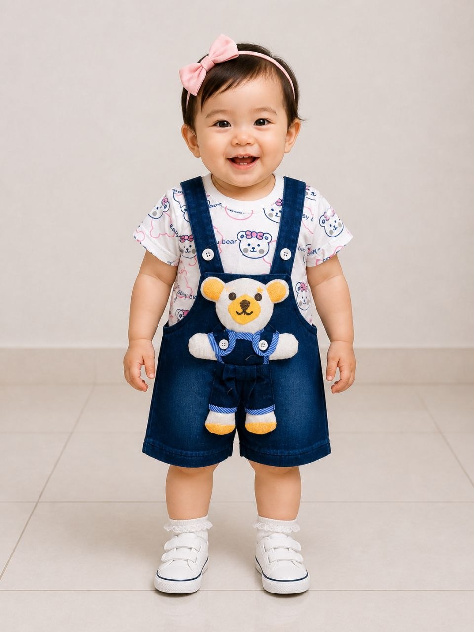 ZAKI-GIRLS HALF SLEEVES DUNAGREE SET WITH FLUFFY TOY 0-18M