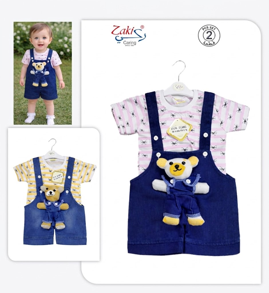 ZAKI-GIRLS HALF SLEEVES DUNAGREE SET WITH FLUFFY TOY 0-18M