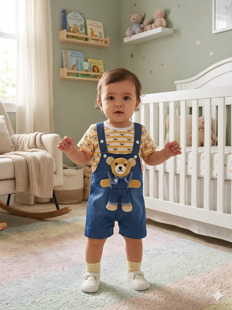 ZAKI-GIRLS HALF SLEEVES DUNAGREE SET WITH FLUFFY TOY 0-18M
