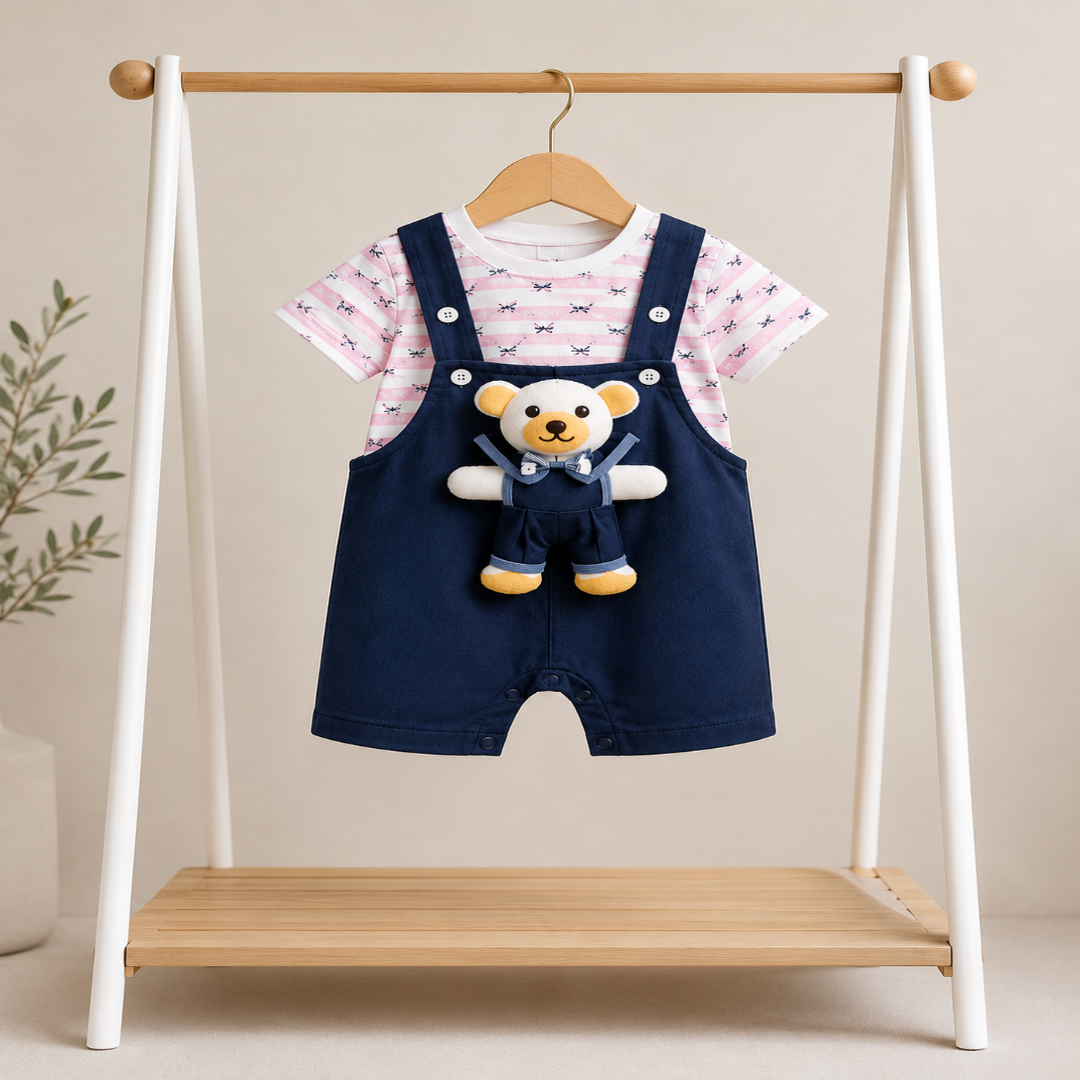 ZAKI-GIRLS HALF SLEEVES DUNAGREE SET WITH FLUFFY TOY 0-18M