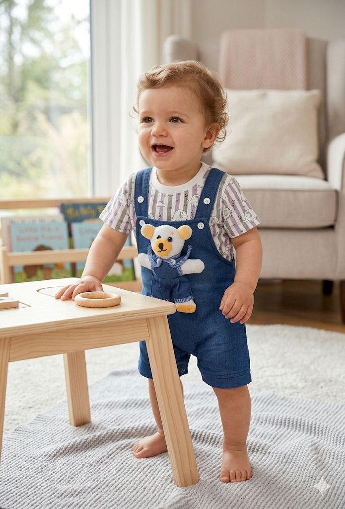 ZAKI-GIRLS HALF SLEEVES DUNAGREE SET WITH FLUFFY TOY 0-18M