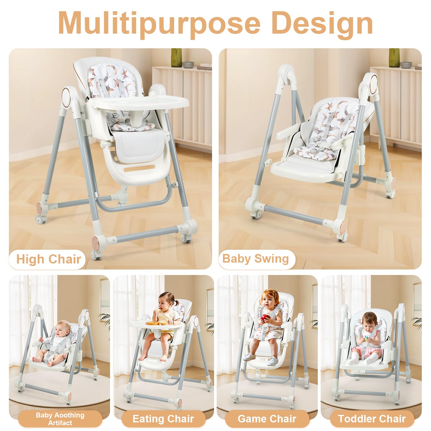 POPYPAPA - Baby Foldable Multi Purpose High Chair & Swing (Grey)