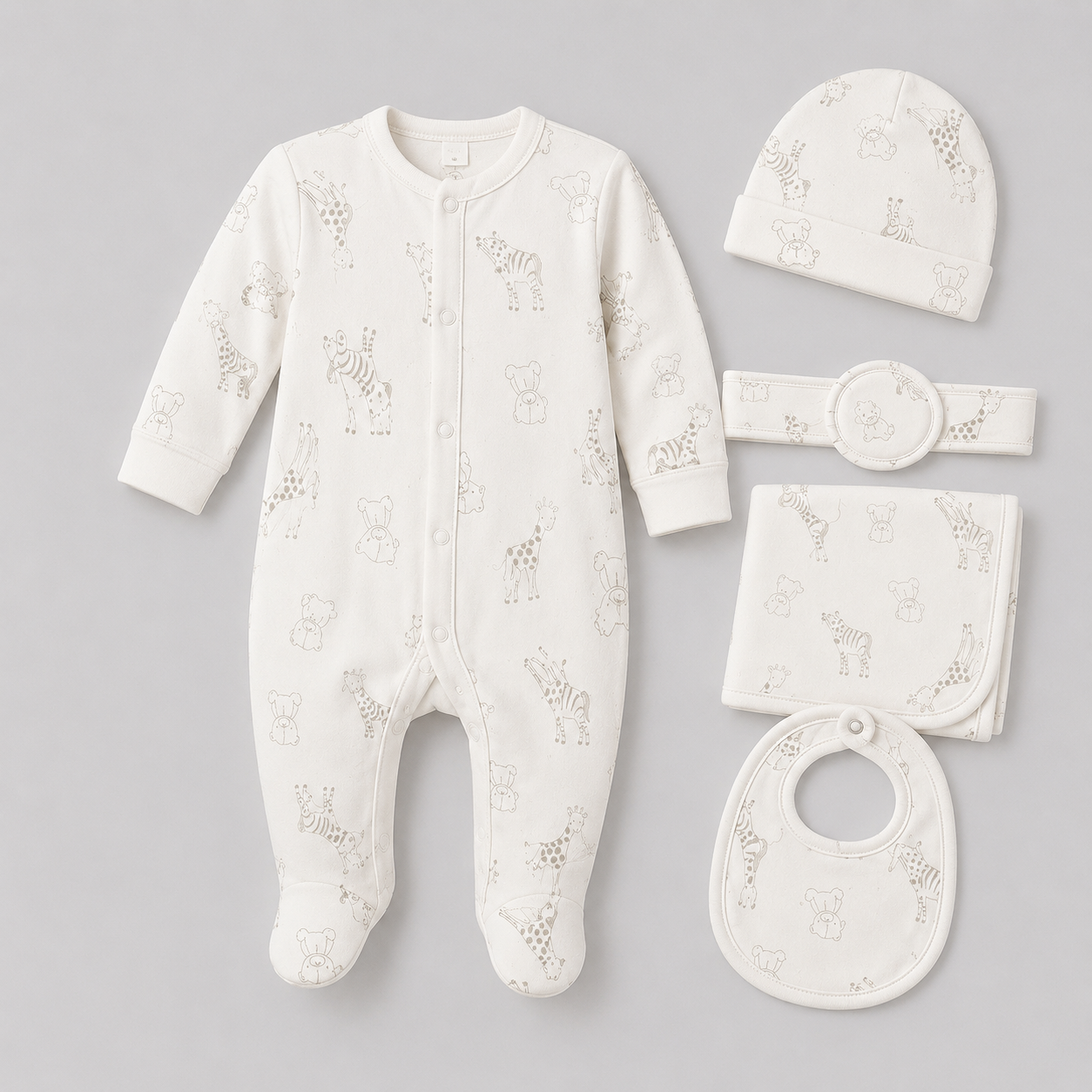 Baby 5 Pcs Full Print Overall Set With Cap, Bib, Blanket & Navel Belt(0-3M)