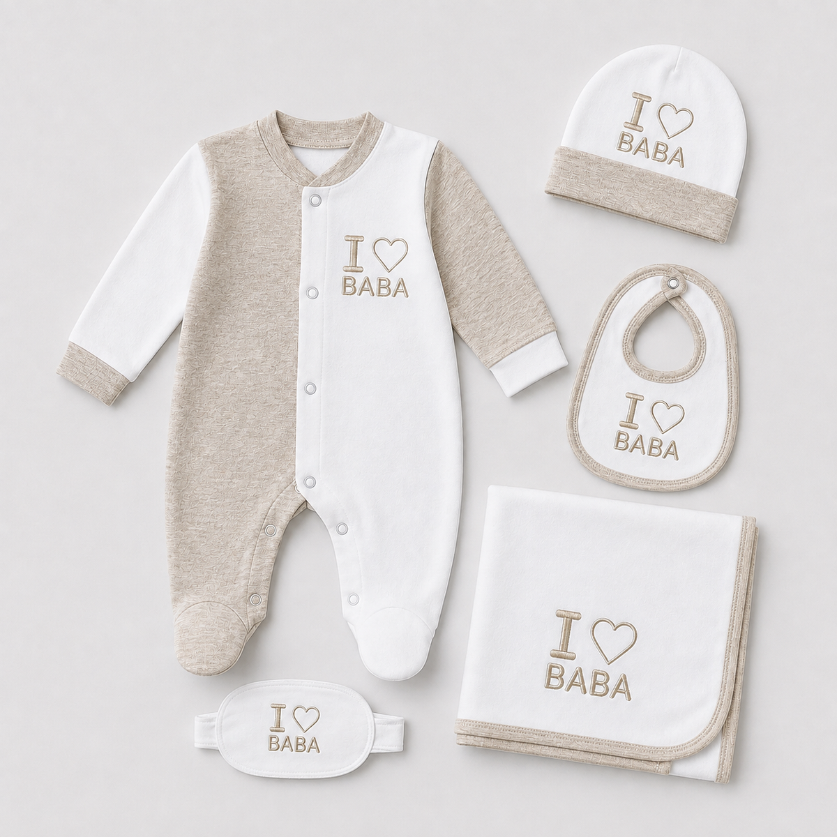 Baby 5 Pcs Embroidery Overall Set With Cap, Bib, Blanket & Navel Belt(0-3M)