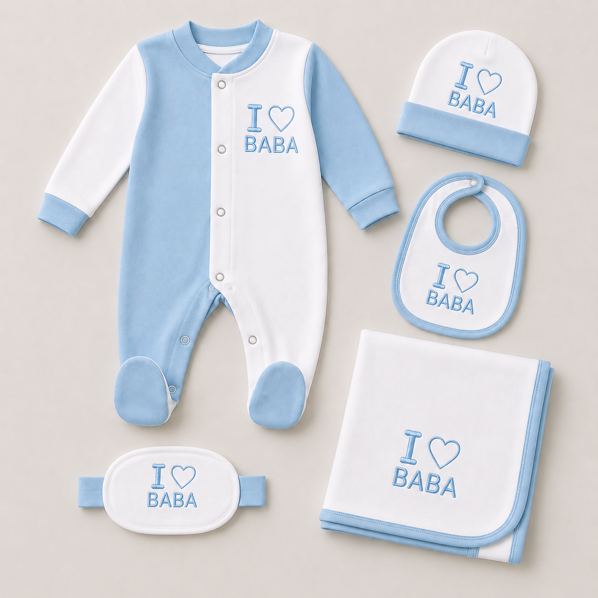 Baby 5 Pcs Embroidery Overall Set With Cap, Bib, Blanket & Navel Belt(0-3M)