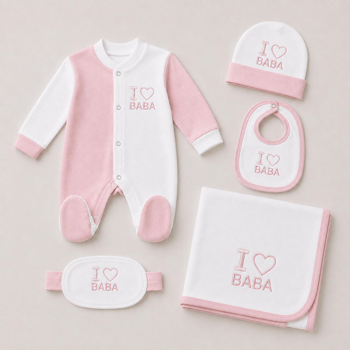 Baby 5 Pcs Embroidery Overall Set With Cap, Bib, Blanket & Navel Belt(0-3M)