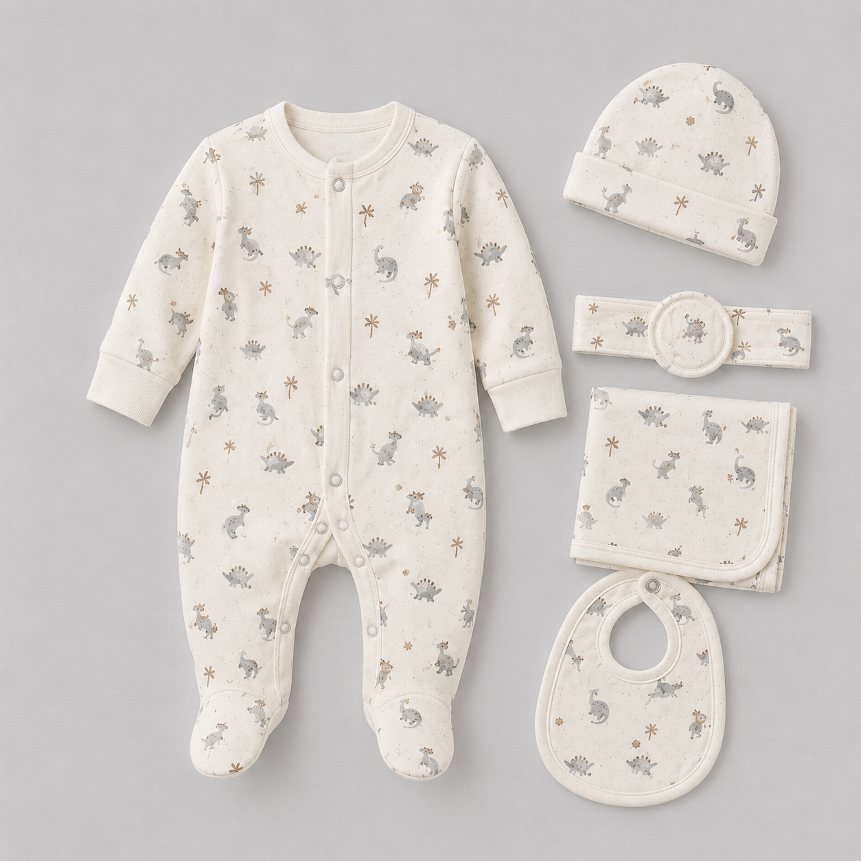 Baby 5 Pcs Full Print Overall Set With Cap, Bib, Blanket & Navel Belt(0-3M)