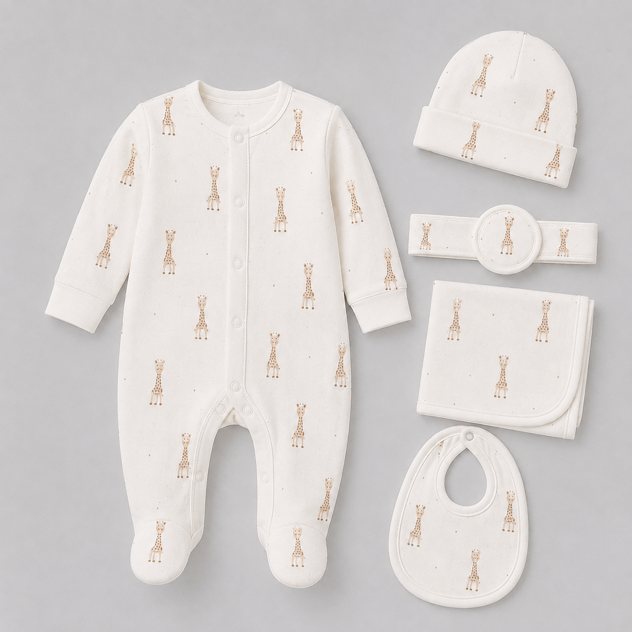 Baby 5 Pcs Full Print Overall Set With Cap, Bib, Blanket & Navel Belt(0-3M)