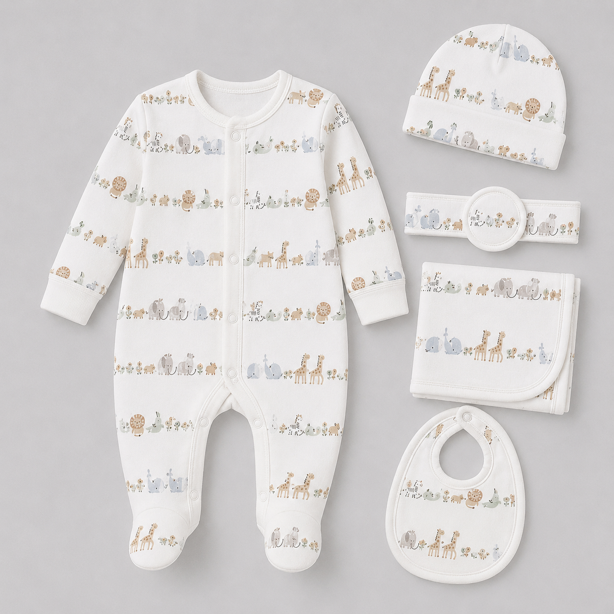 Baby 5 Pcs Full Print Overall Set With Cap, Bib, Blanket & Navel Belt(0-3M)