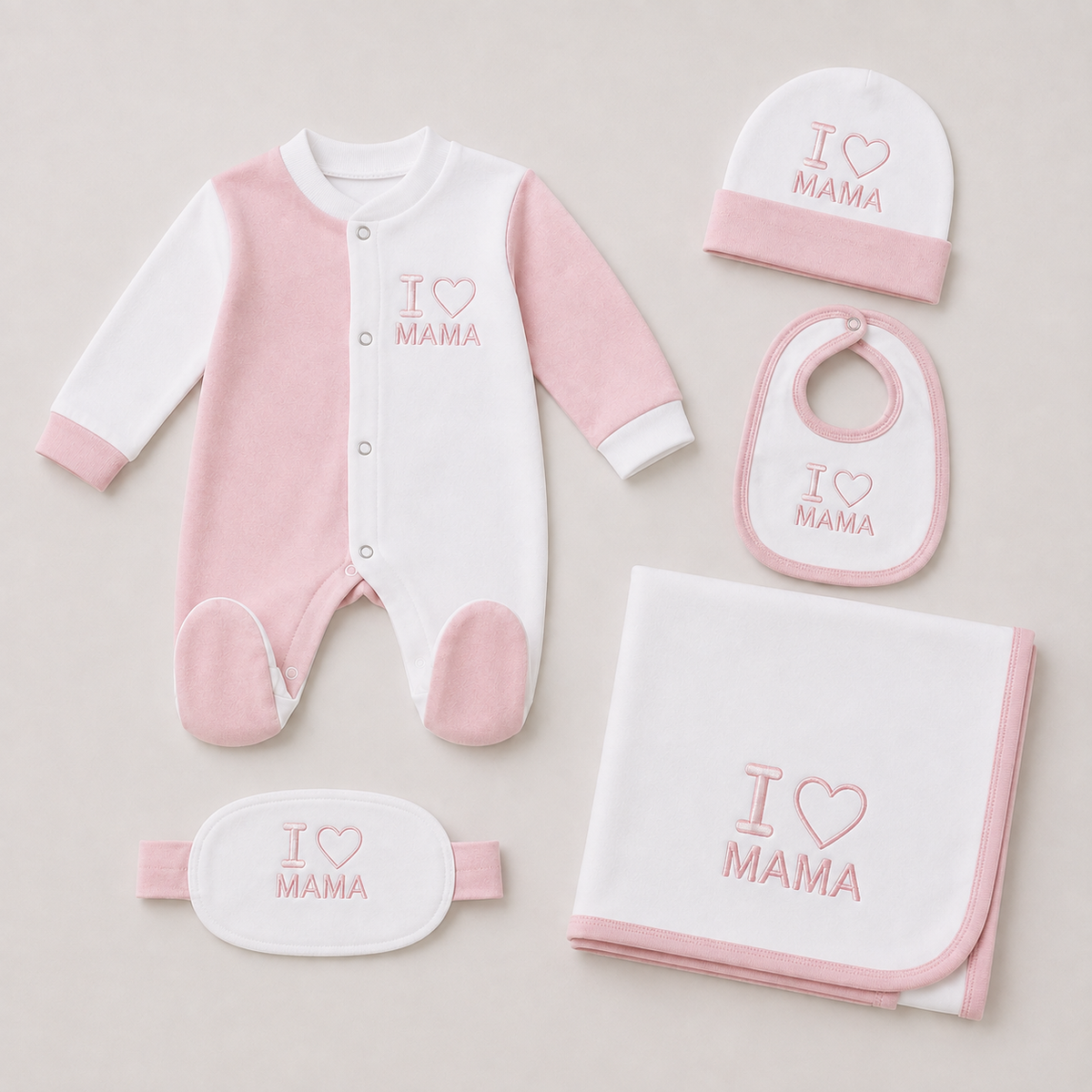 Baby 5 Pcs Embroidery Overall Set With Cap, Bib, Blanket & Navel Belt(0-3M)