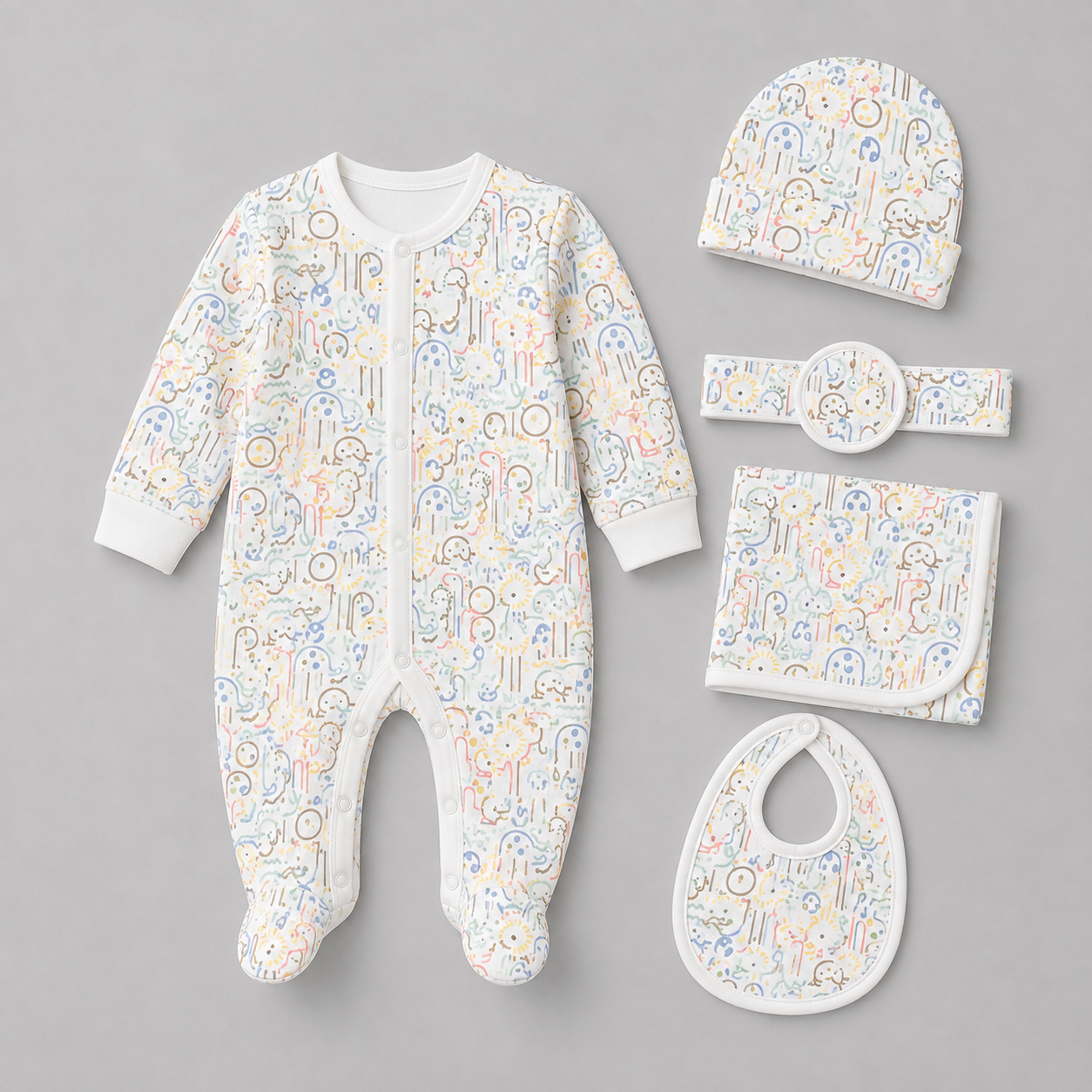 Baby 5 Pcs Full Print Overall Set With Cap, Bib, Blanket & Navel Belt(0-3M)