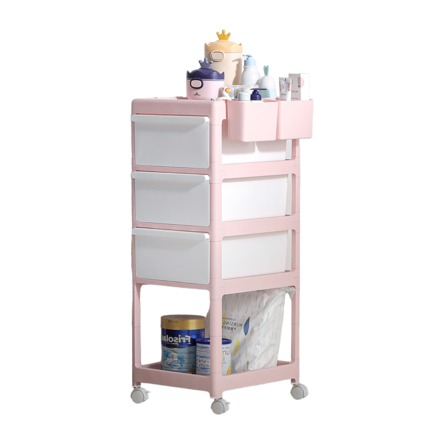 4 Layer Baby Storage Trolley - Pink-White