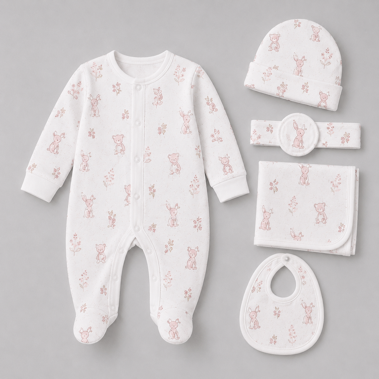Baby 5 Pcs Full Print Overall Set With Cap, Bib, Blanket & Navel Belt(0-3M)