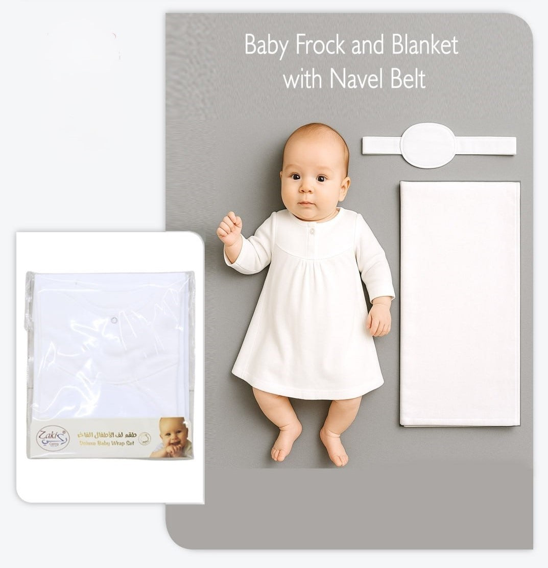 Baby Frock and Blanket with Navel Belt - Set 0-3M (WHT)