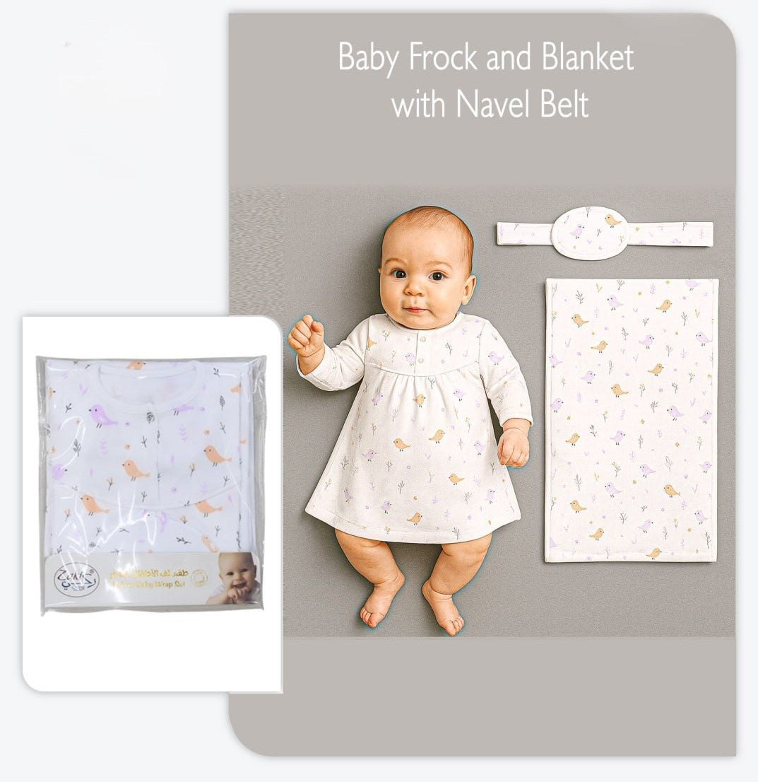 Girls Printed Frock and Blanket with Navel Belt - Set 0-3M