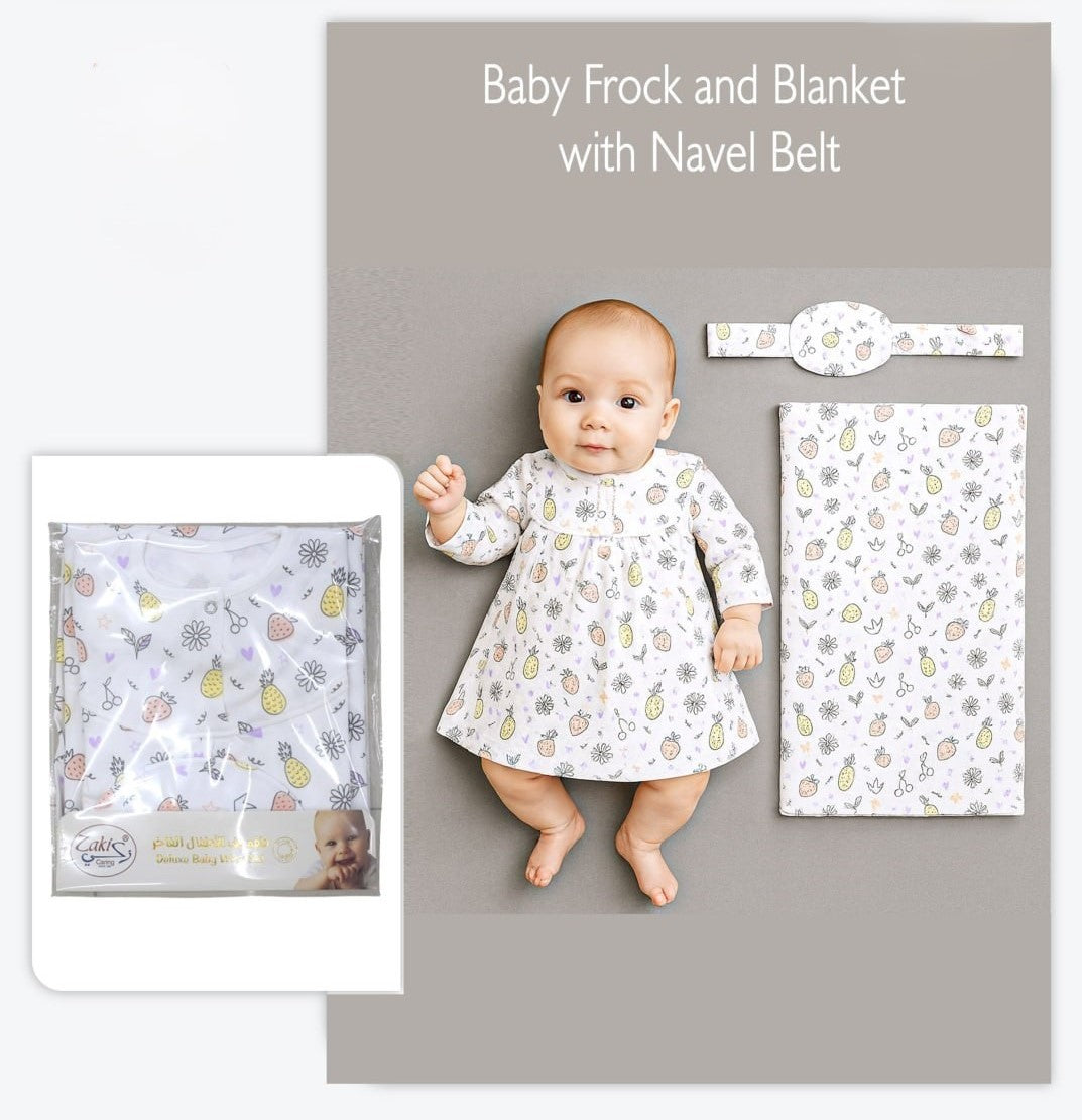 Girls Printed Frock and Blanket with Navel Belt - Set 0-3M
