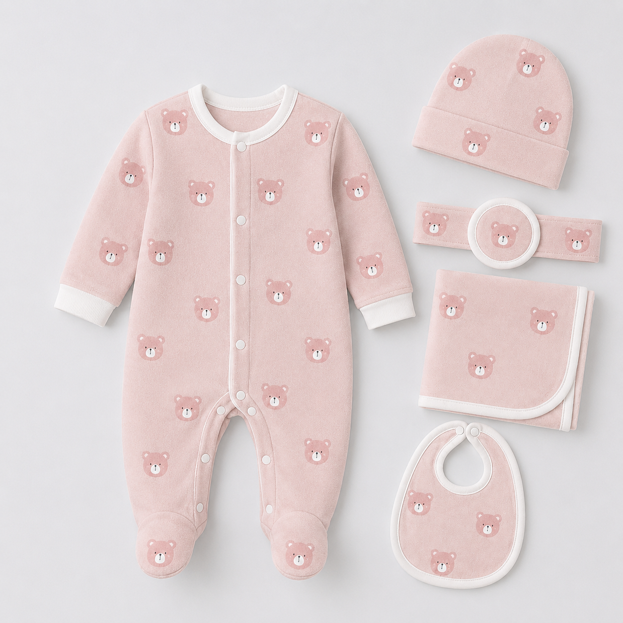 Baby 5 Pcs Full Print Overall Set With Cap, Bib, Blanket & Navel Belt(0-3M)