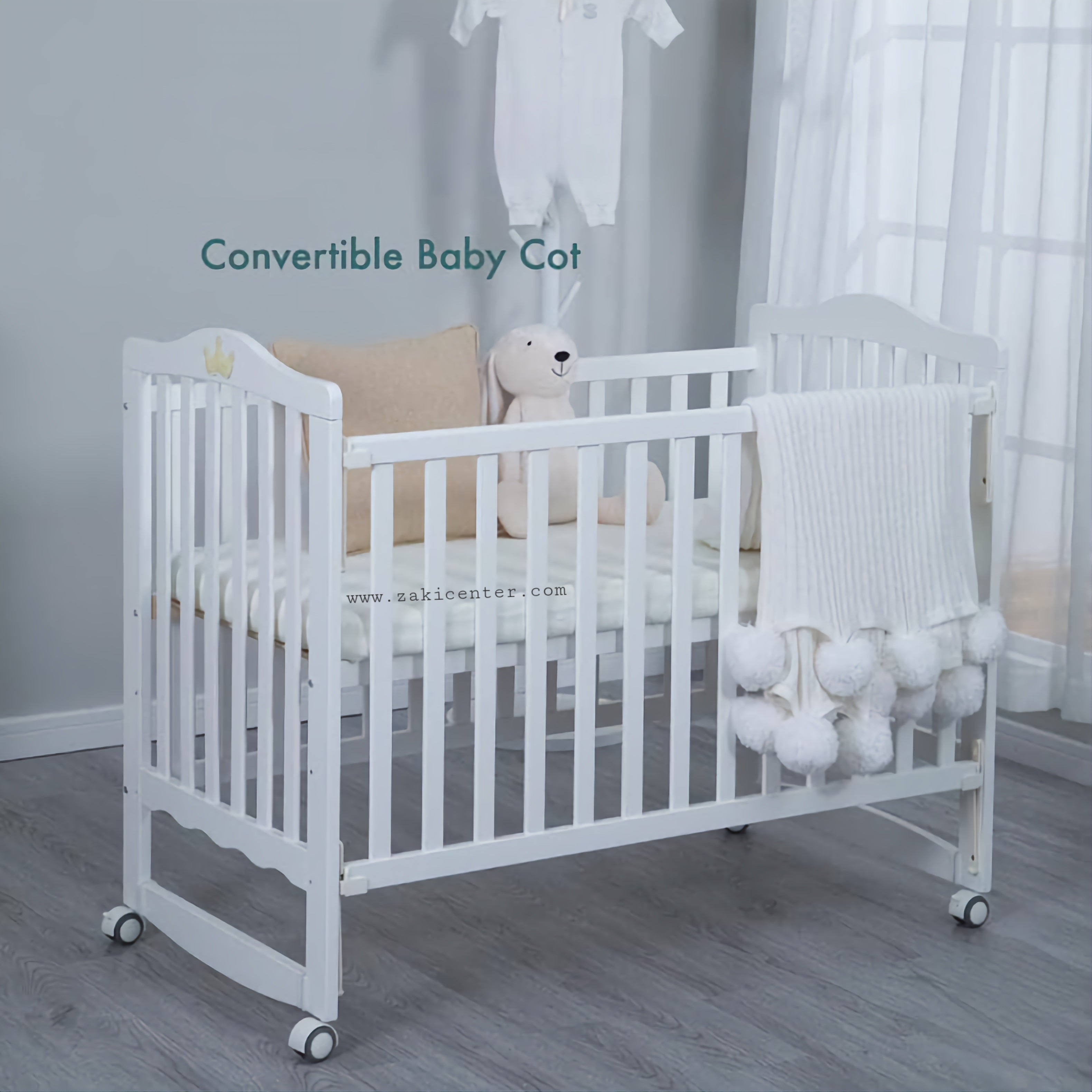 (MOOB) Convertible Baby Wooden Bed Crib - White (120x60cm)