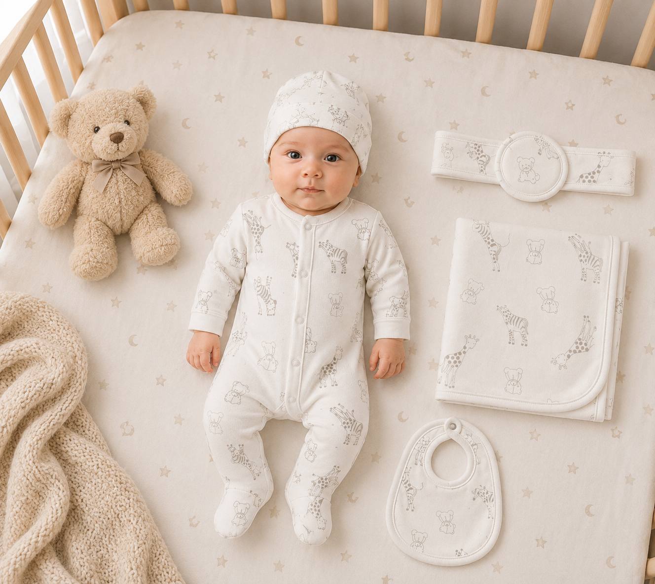 Baby 5 Pcs Full Print Overall Set With Cap, Bib, Blanket & Navel Belt(0-3M)
