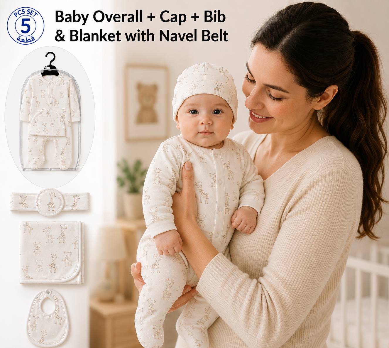 Baby 5 Pcs Full Print Overall Set With Cap, Bib, Blanket & Navel Belt(0-3M)