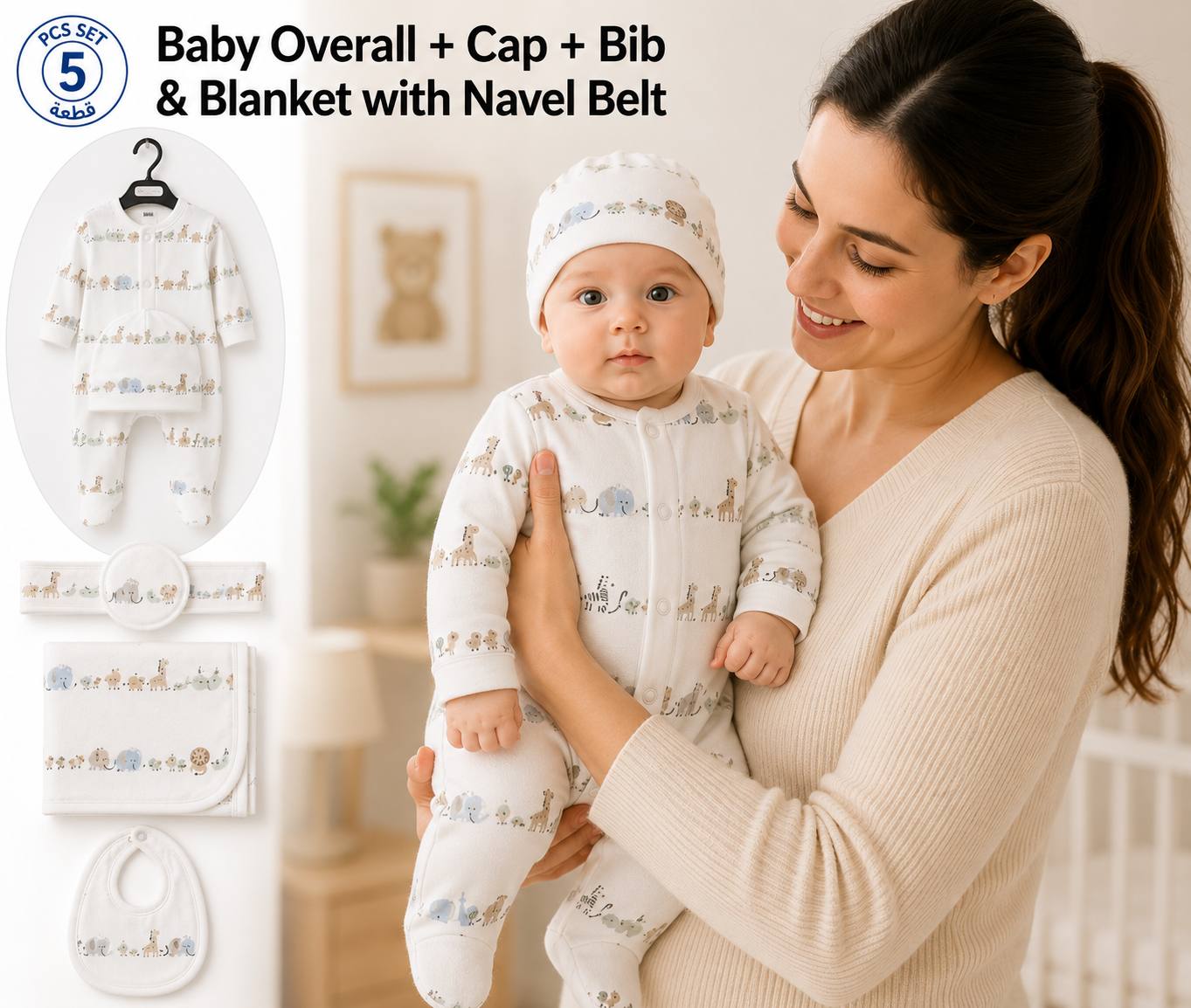 Baby 5 Pcs Full Print Overall Set With Cap, Bib, Blanket & Navel Belt(0-3M)