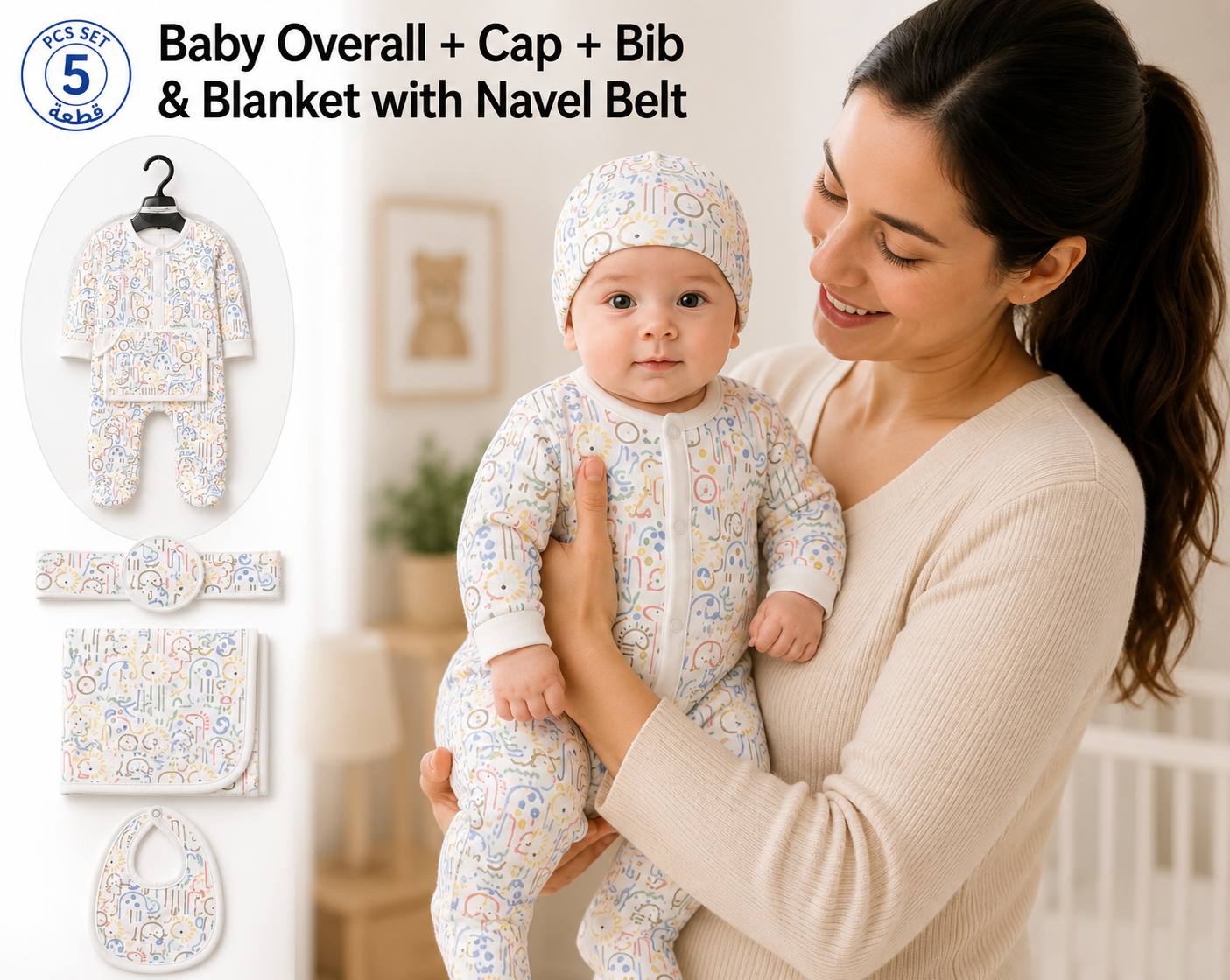 Baby 5 Pcs Full Print Overall Set With Cap, Bib, Blanket & Navel Belt(0-3M)