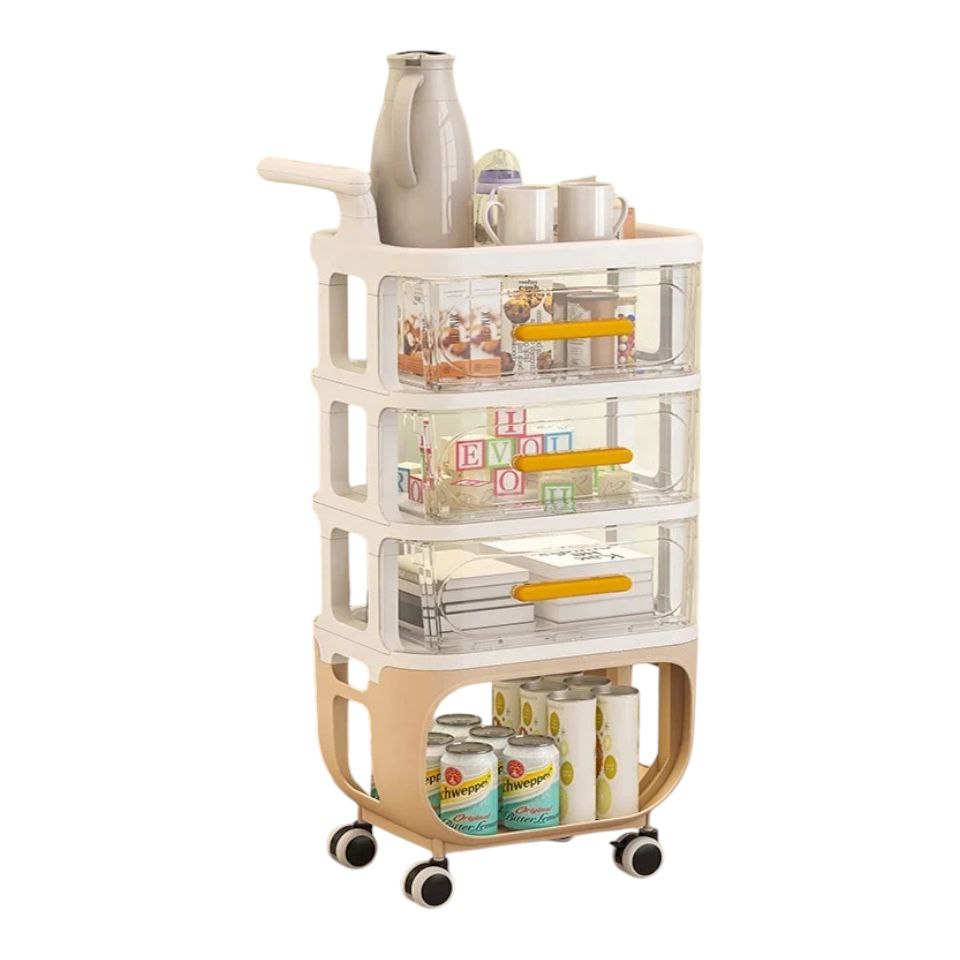 4 Layer Plastic Trolley Cart with Handle - Beige