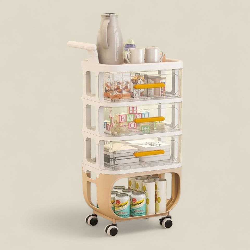 4 Layer Plastic Trolley Cart with Handle - Beige