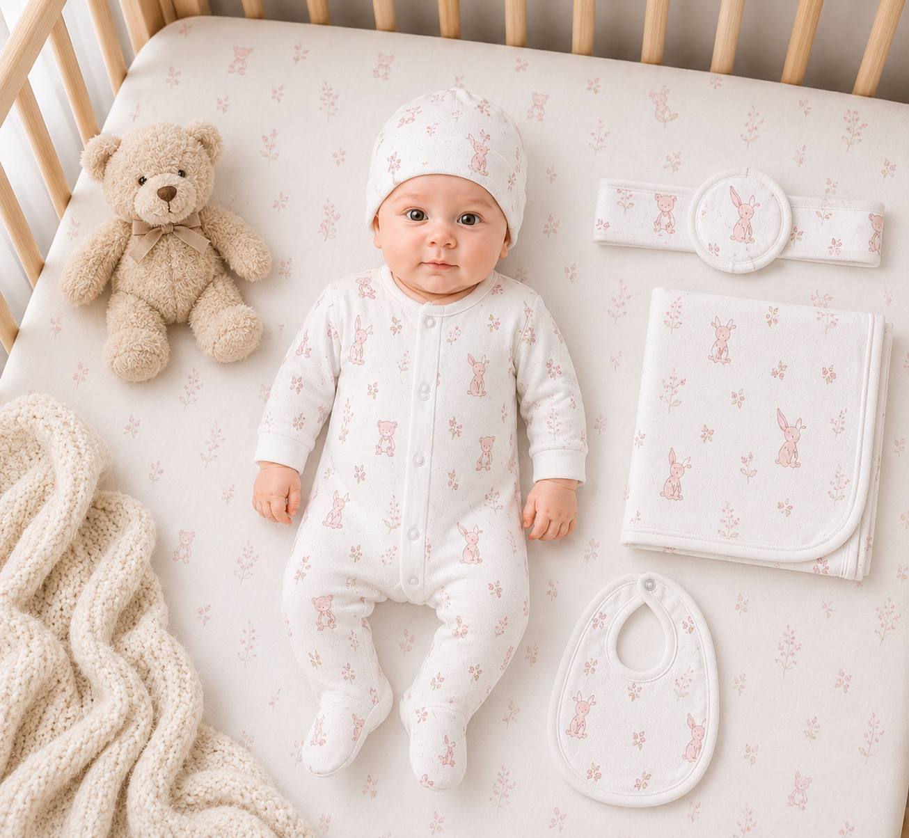 Baby 5 Pcs Full Print Overall Set With Cap, Bib, Blanket & Navel Belt(0-3M)