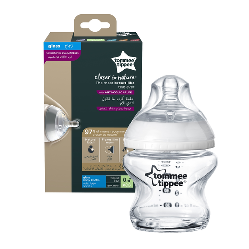 Tommee Tippee Closer to Nature Glass Feeding Bottle, 150ml x 1 - Clear