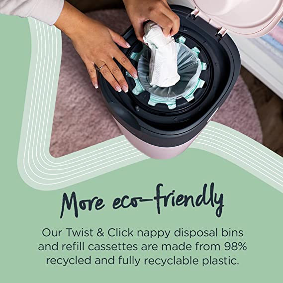 Tommee Tippee - Twist and Click Advanced Nappy Bin, Eco-Friendlier System, Includes 1x Refill Cassette with Sustainably Sourced Antibacterial GREENFILM, White