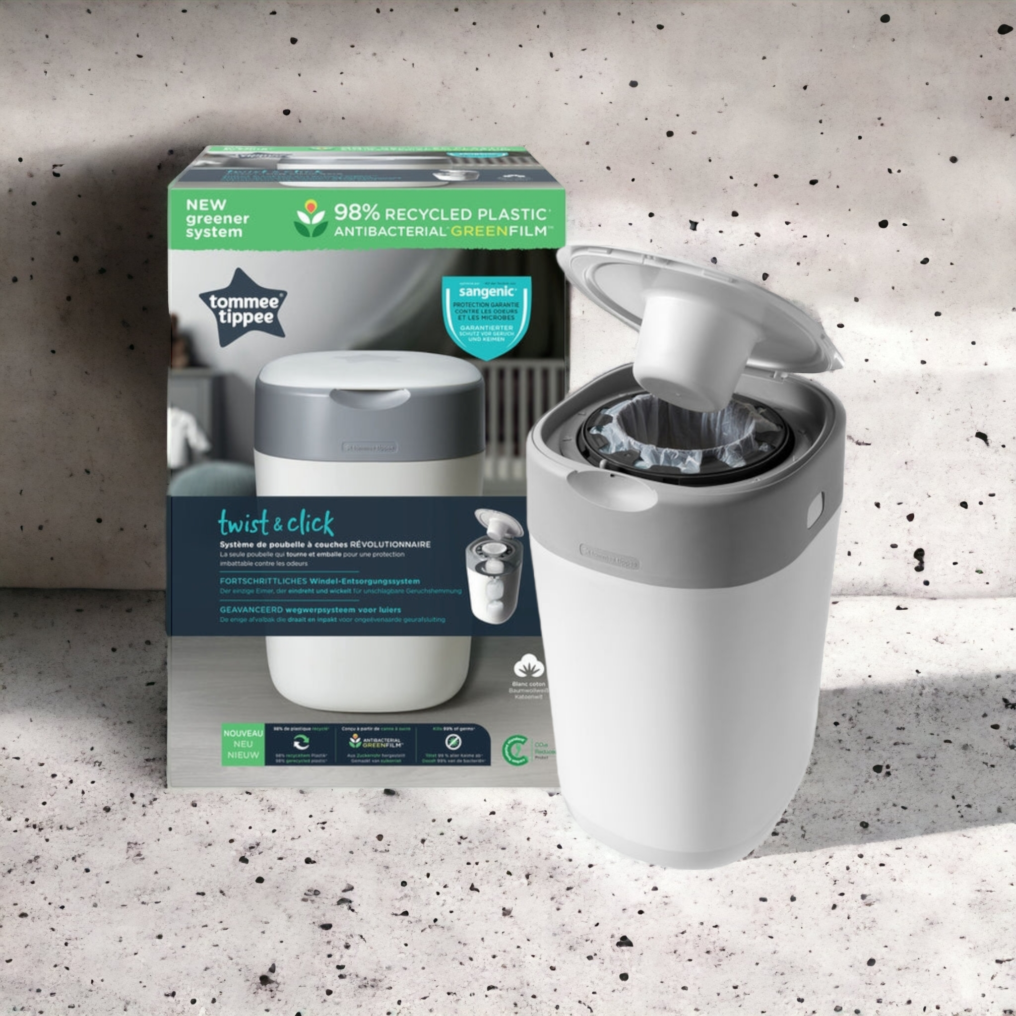 Tommee Tippee - Twist and Click Advanced Nappy Bin, Eco-Friendlier System, Includes 1x Refill Cassette with Sustainably Sourced Antibacterial GREENFILM, White