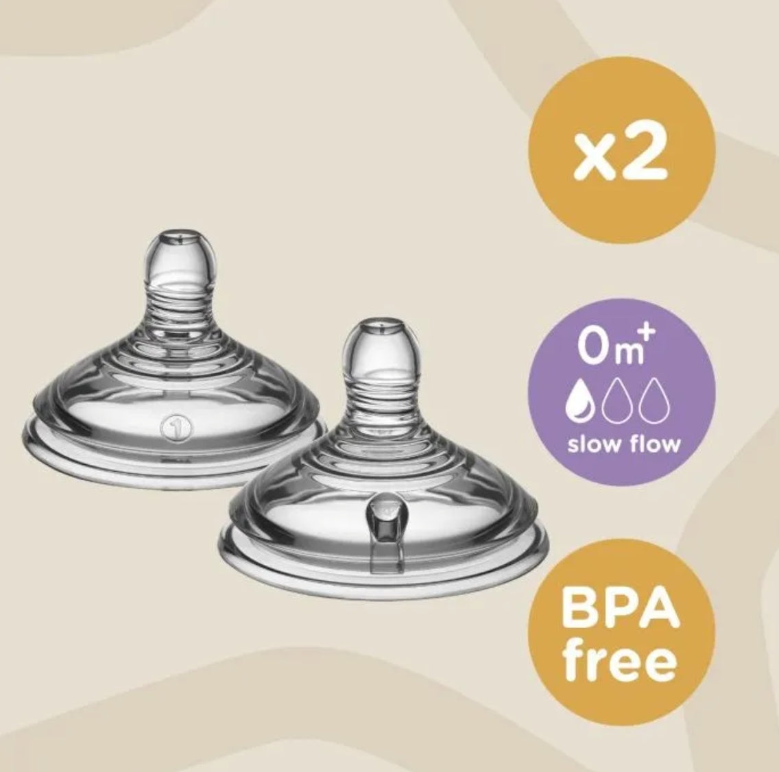 Tommee Tippee Closer to Nature Teats, Slow Flow x 2 - Clear