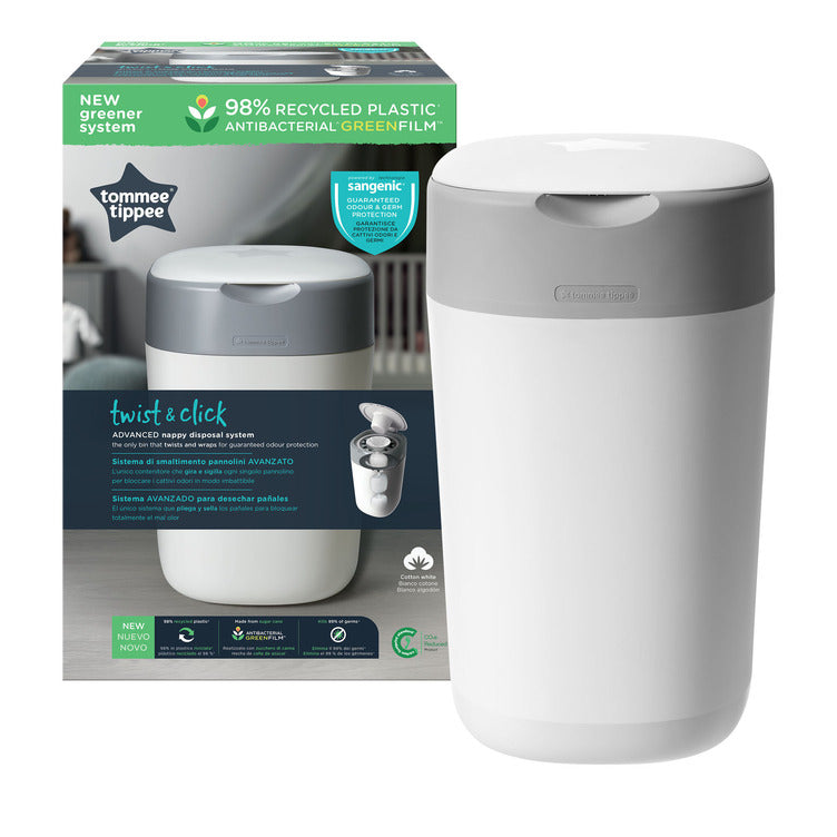 Tommee Tippee - Twist and Click Advanced Nappy Bin, Eco-Friendlier System, Includes 1x Refill Cassette with Sustainably Sourced Antibacterial GREENFILM, White