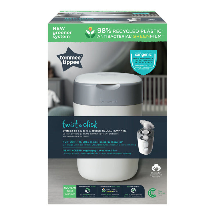 Tommee Tippee - Twist and Click Advanced Nappy Bin, Eco-Friendlier System, Includes 1x Refill Cassette with Sustainably Sourced Antibacterial GREENFILM, White